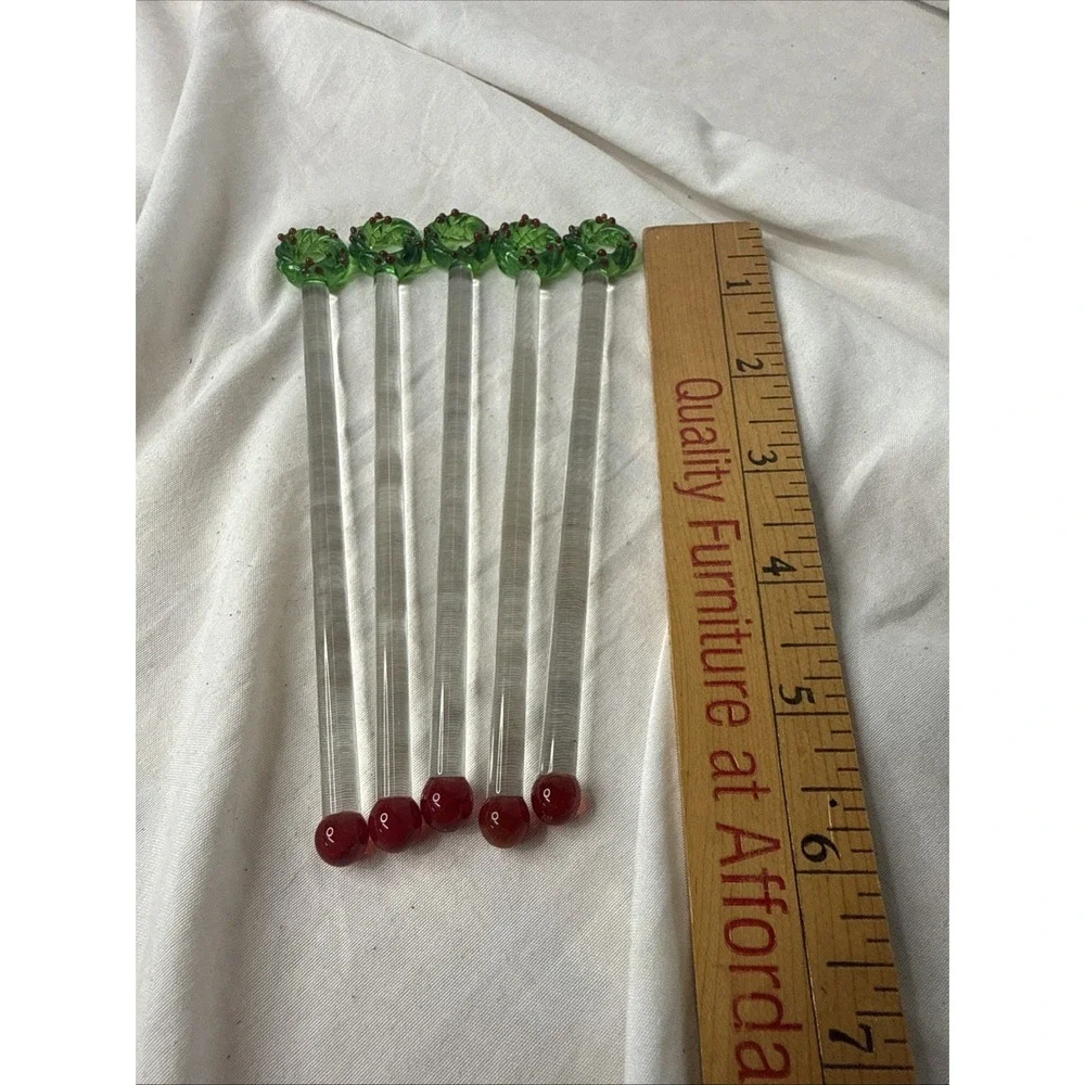 Handblown Holiday Glass Cocktail Drink Stirrers Xmas Wreath 5 Swizzles Bar Vtg